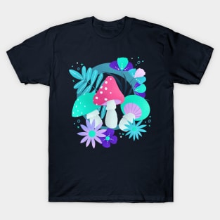 Turquoise and pink mushrooms and flowers T-Shirt